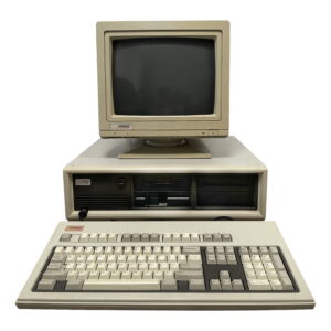 Een Deskpro 386 met monitor en toebehoren.